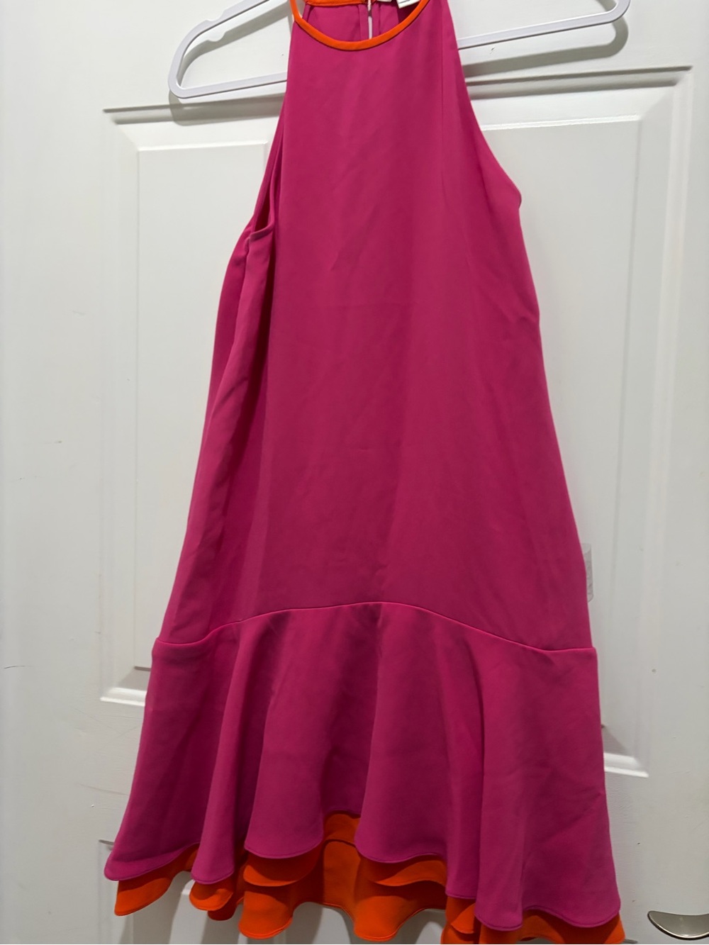Diane Von Furstenberg Hot Pink High-Low Halter Dress with Orange Trim